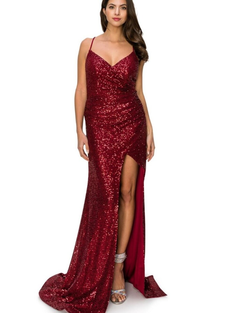 NEW BURGUNDY Lace & Sequin V-Neck Evening Gown Floor Length With Slit 8056J